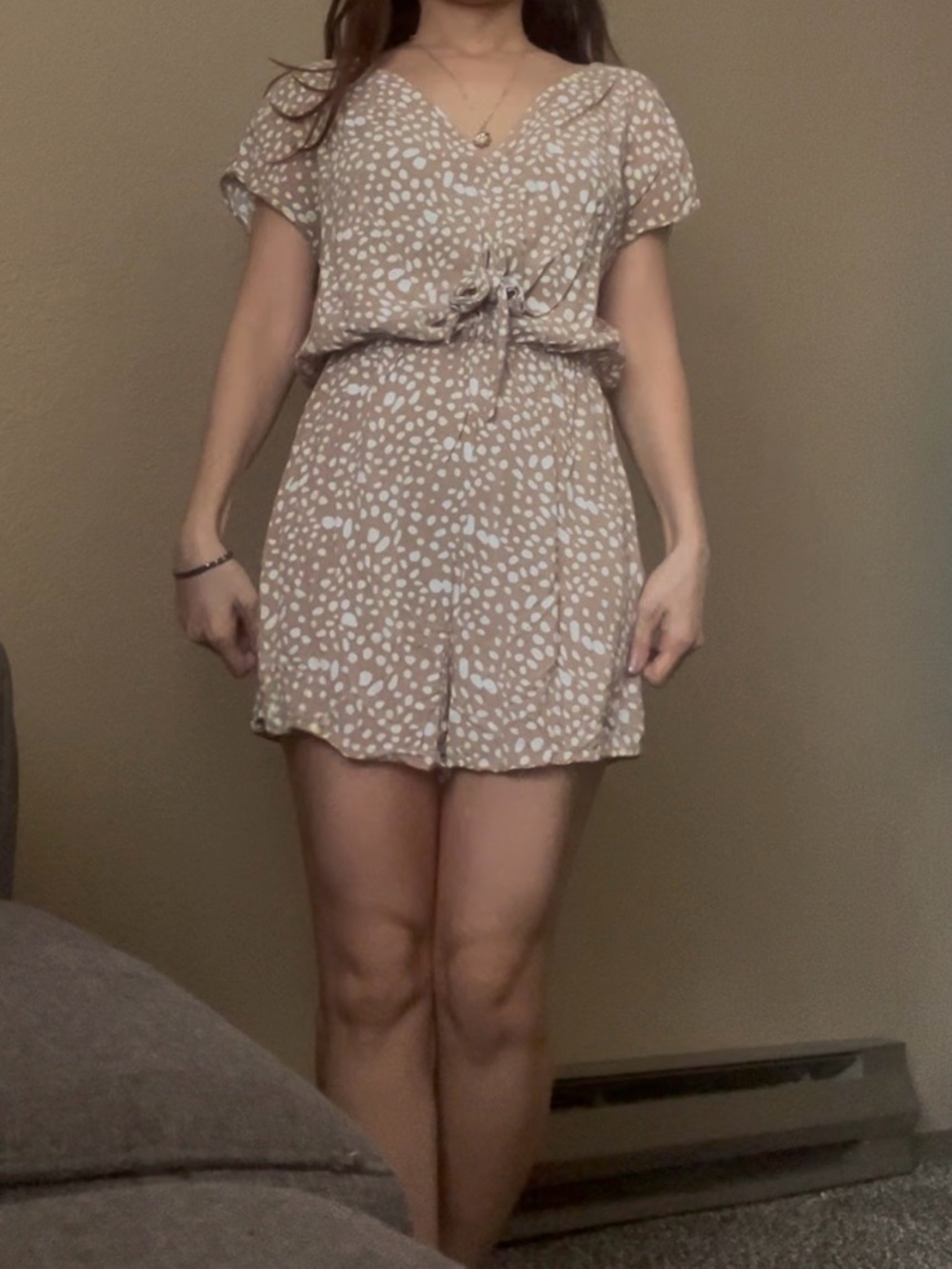 Simplee Beige and White Dot Tie-Front Mini Dress-Small
